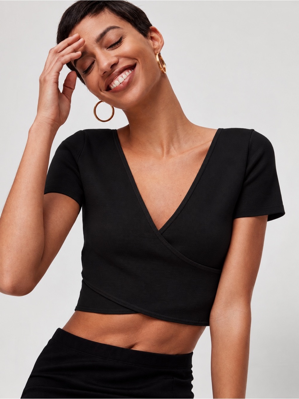 Babaton Black Ribbed Wrap-Style Cropped Tee Top